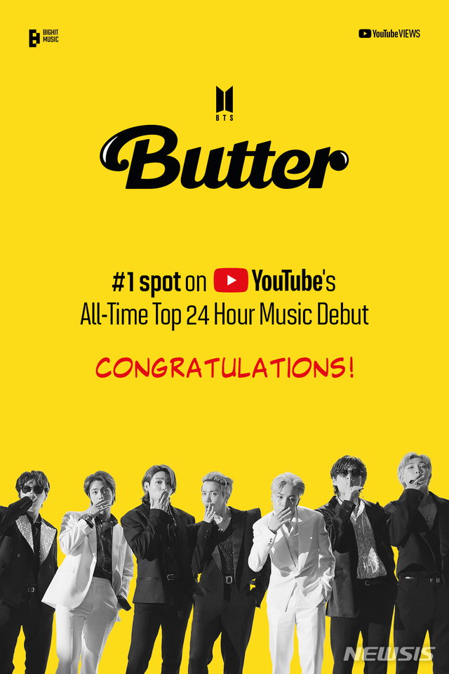 BTS『Butter』MV、ユーチューブ史上「24時間最多再生回数」更新