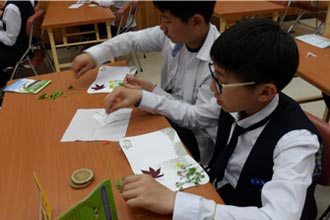 生態教室では、湿地生態探訪や草花のはがき作りなどの体験プログラムが行われる
