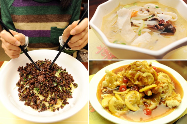 中華料理専門店「万多福」では、百年チャジャン麺をはじめ、白いチャンポンやクァパユク（酢豚の一種）など、独特の中華料理を味わえる。