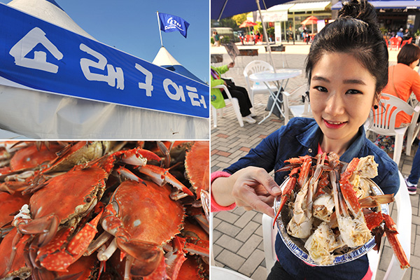 祭りでは自分でつかみ取りした海産物をその場で調理して食べることができる。