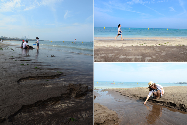 三陽海岸は済州島のほかの海岸とは異なり、浜辺の砂が黒い。