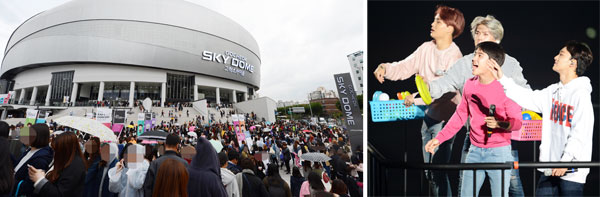 ▲10月10日、ソウル・高尺スカイドームで行われたアイドルグループEXO（小さい写真）の公演に、10－20代女性およそ2万2000人が詰め掛けた。近所の住民は「20年以上暮らしているが、この町にこんなに多くの女性が集まったのは初めて」と話し驚いていた。EXOはこの日1日だけで20億ウォンを売り上げた。／スポーツ朝鮮