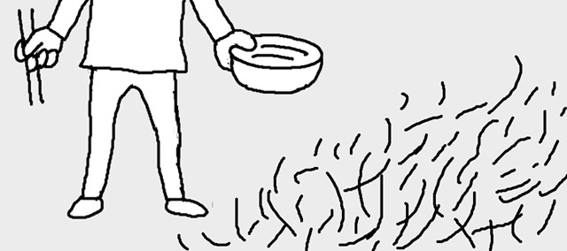 麺のゆで汁で雑草取り