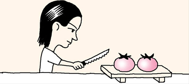 硬いトマトを切る時はパン切りナイフで
