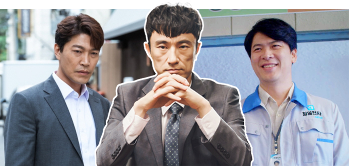 ▲ドラマ『安いです　千里馬マート』（tvN）のキム・ビョンチョル（写真中央）と『走る調査官』（OCN）のチェ・グィファ（写真左）は15年以上も助演として活躍し、最近になって主人公を演じ始めた。キム・サンギョンは時代劇で見せてきたイメージを脱し、『チョンイル電子のミス・リー』（tvN）で主人公役を務める。／写真提供＝tvN・OCN