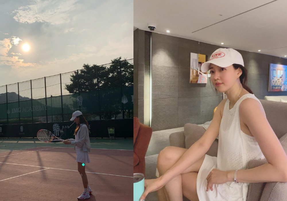 キム・サラン　猛暑の中テニスざんまい…一休み中もキラキラ