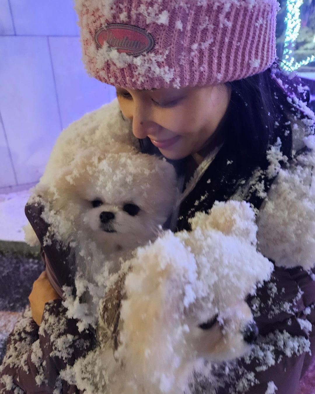 コ・ソヨン　降りしきる雪の中で愛犬2匹抱きしめる