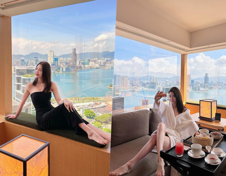 黒いキャミソールワンピ姿のクララ、香港のホテルで美ボディアピール