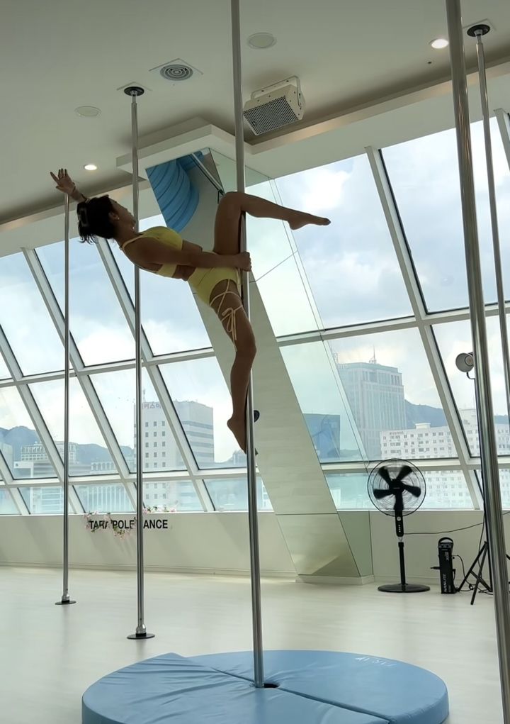 51歳ミナ、ハイレベルなポールダンスの技披露…鍛え上げた腹筋に視線集中