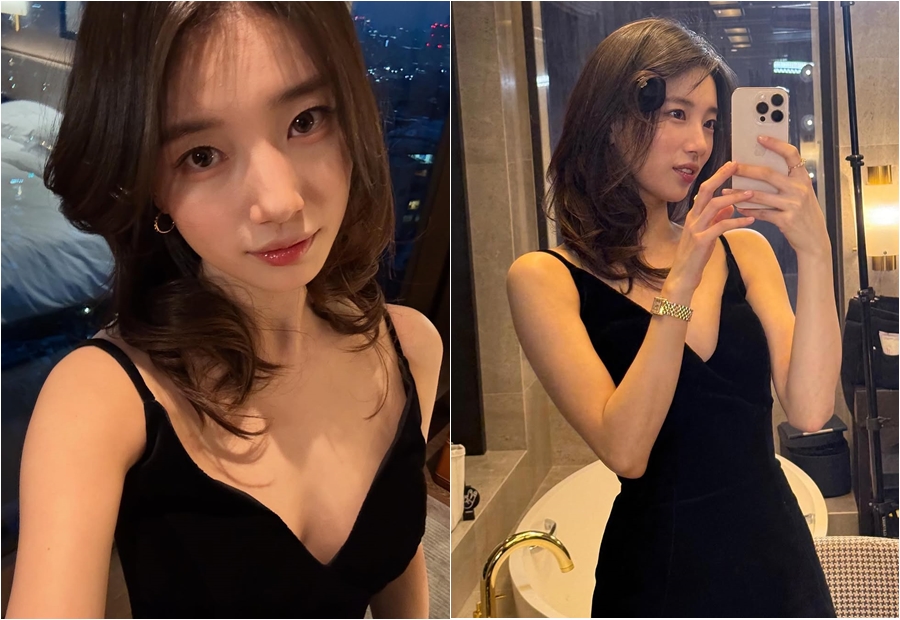 スジ、胸元が深く切れ込んだドレスで美しい姿アピール…髪を巻くキュートな姿も