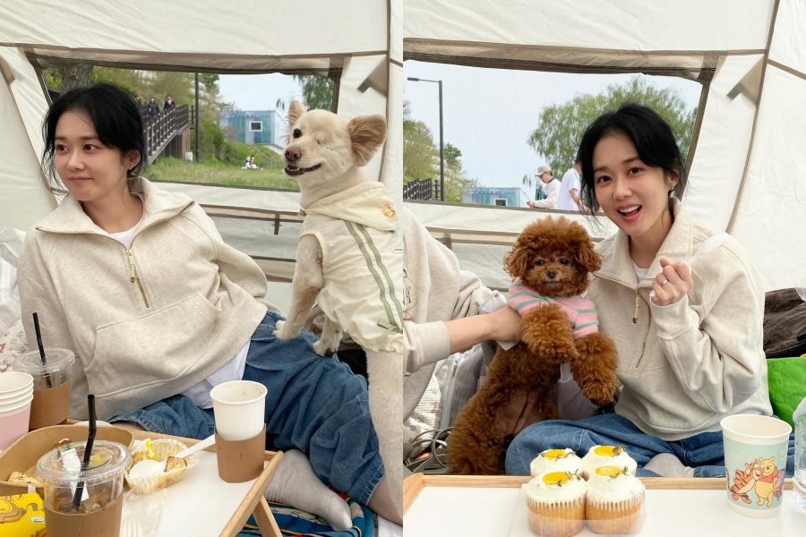 チャン・ナラ、大学生のようなビジュアルで犬たちと春のピクニック