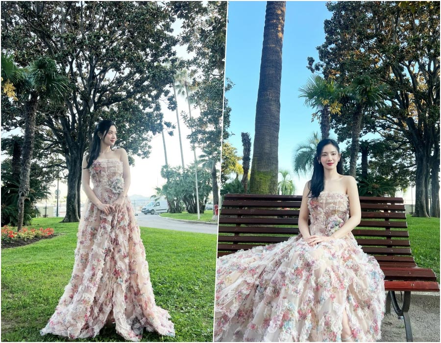 パク・ジュヒョン、花のようなドレスで肩あらわ…仏カンヌで「清純グラマラス」なビジュアル