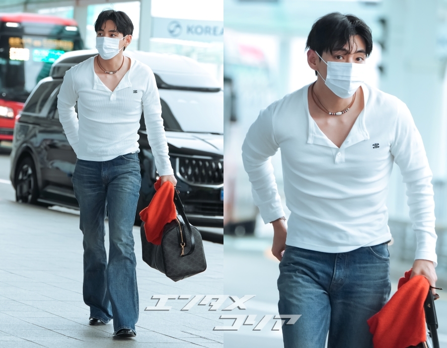 防弾少年団V、空港をランウエイに…男らしさあふれるフライトコーデ