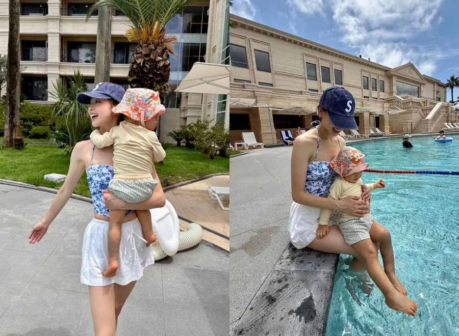 清純な水着姿の孫延在、息子とホテルのプールで楽しいひととき　「また来よう」