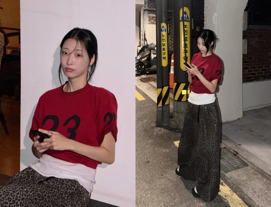 イ・チェミンと交際中のリュ・ダイン、ヒョウ柄パンツ＆赤Tシャツ姿でモデルのよう