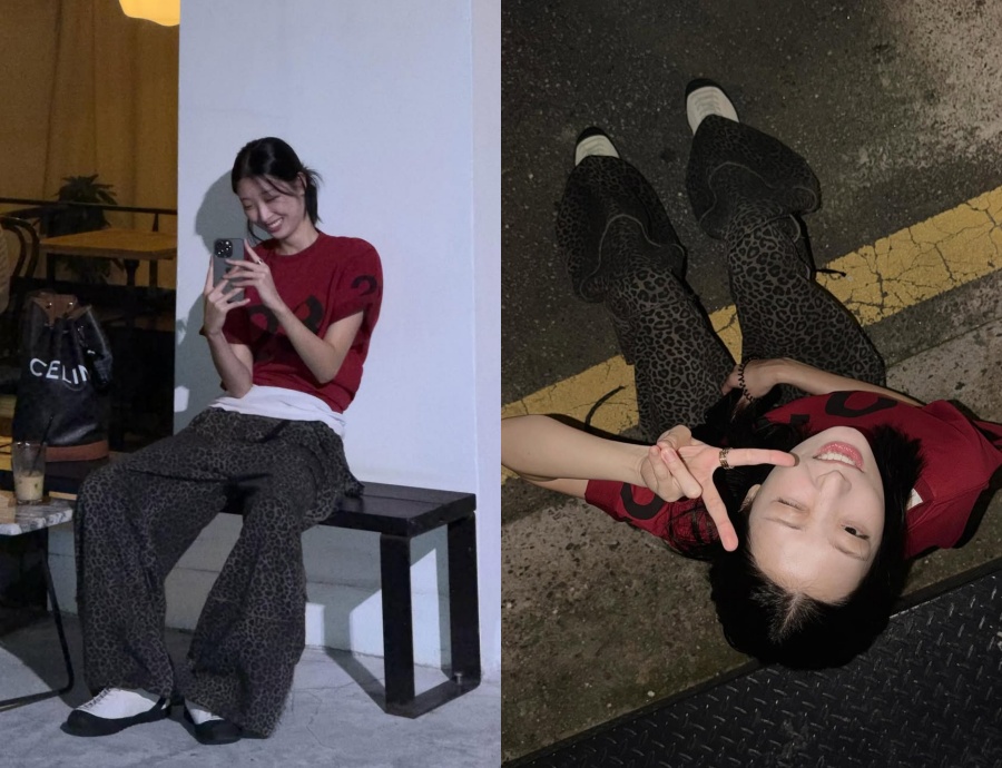 イ・チェミンと交際中のリュ・ダイン、ヒョウ柄パンツ＆赤Tシャツ姿でモデルのよう