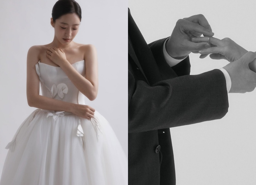 ハム・ウンジョンの優雅なウエディング写真公開…結婚指輪をはめてあげるキム・ビョンウ監督