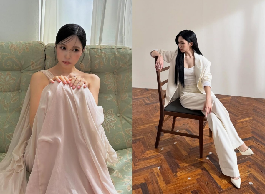 TWICEミナ　ベージュのドレスで「女神ビジュアル」…白スーツ姿は「シックなカリスマ」