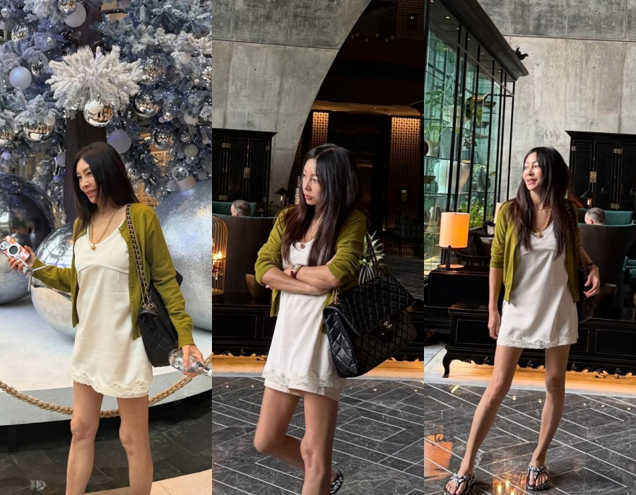 ファン・シネ、60代でも変わらぬファッションセンス…スリップワンピ姿で美脚アピール