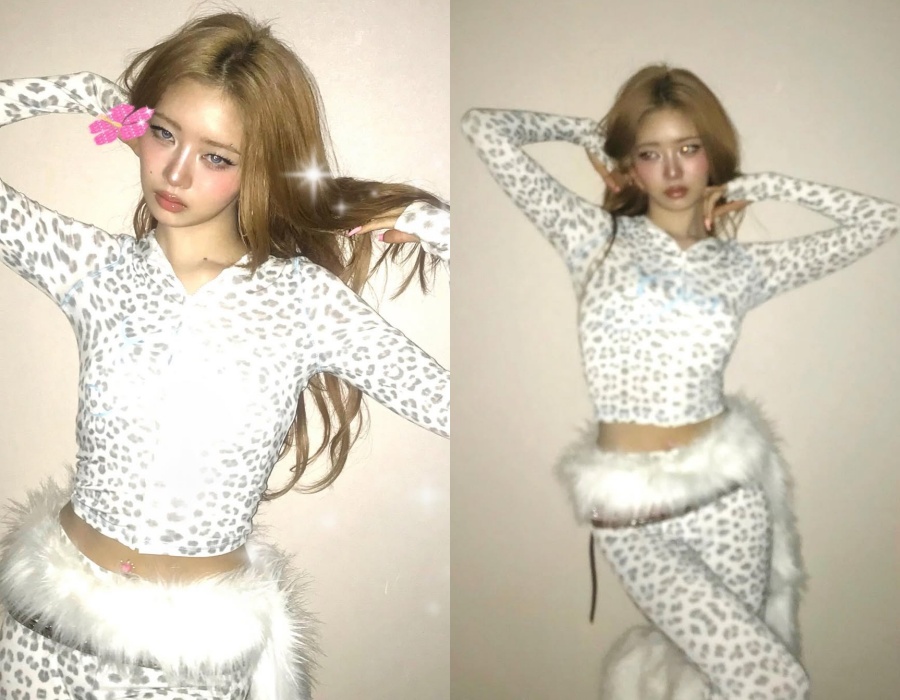 鋭い眼差しのIVEレイ、ボディラインにフィットする服を着てネコのような仕草