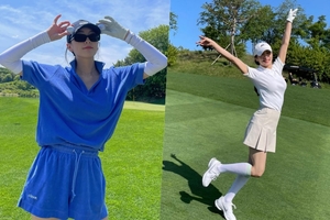 知英&ニコル、ゴルフ場で青と白の美しさ対決? キュートな女神たち