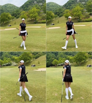 「身長172cm」ユ・ヒョンジュ 全身黒のゴルフウェアで長身アピール