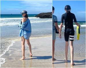 10歳の紗蘭ちゃん、母親SHIHOと海辺で2ショット…長い脚までそっくり