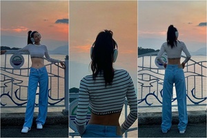 AOAソリョン「夕焼け空×クロップドTシャツ」ほっそりウエスト写真公開