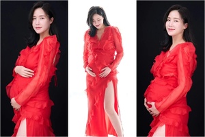 双子妊娠コン・ヒョンジュ、赤いドレスを着て美しい妊婦姿をアピール
