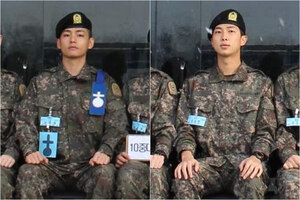 徴兵:BTS・VとRM 陸軍訓練所のりりしい姿公開…小隊長訓練兵の腕章
