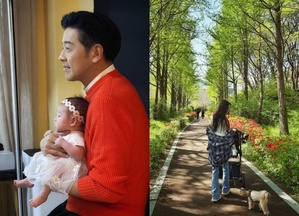 リュ・シウォン、ベビーカーを押す長身&スレンダーな妻の後ろ姿を公開 「家族と穏やかに散歩」