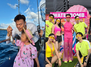 ピンクのスケスケ衣装でウォーターボム登場のJ.Y. Park 娘と米ハワイで釣り